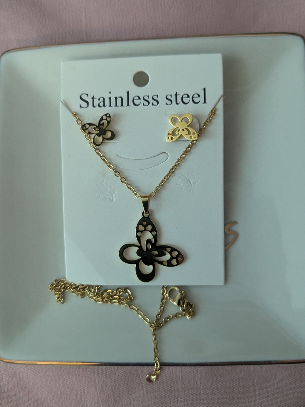 Stainless Steel Gold Butterfly Necklace & Earring Set